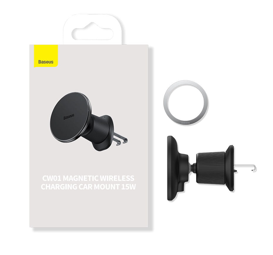 El cargador inalámbrico para coche Baseus magnético de 15 W en color negro presenta un diseño circular elegante con agarre texturizado para una sujeción segura y ofrece una potencia de carga inalámbrica de 15 W.