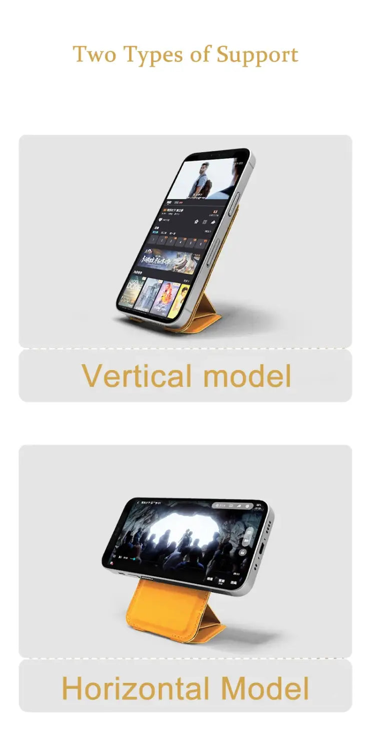 Support de carte de téléphone magnétique pliable orange affiché sous un angle frontal adapté à iPhone 15 14 13 Pro Max.