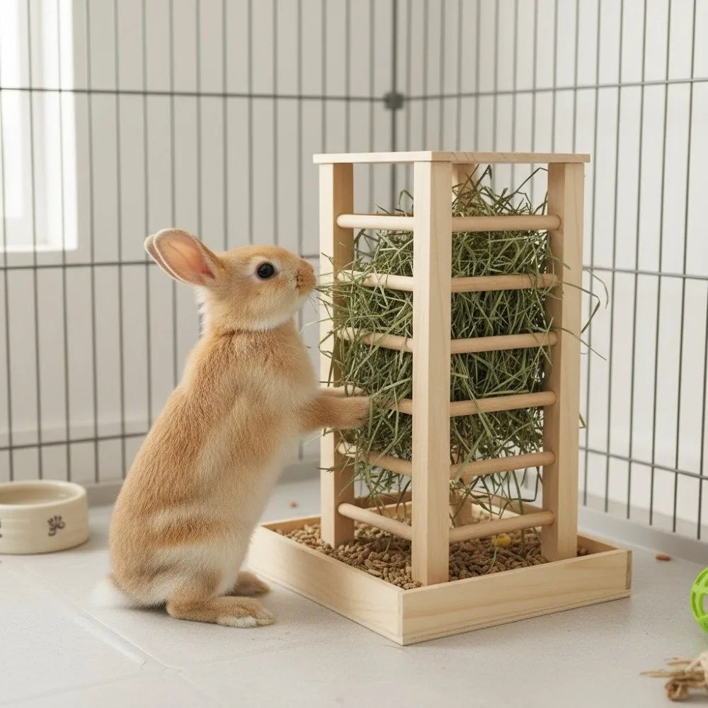 Pet Grass Rack Wooden Rabbit Hay Manger Durable Self-Feeding Hay Feeder Detachable Guinea Pig Feeder Rabbit Hutch