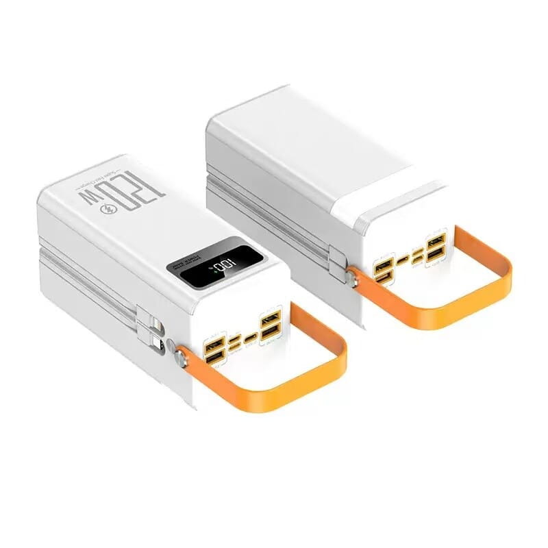 white rectangular 60000mah portable power bank fast charging station with orange carrying handles multiple usb ports micro input 5v2a and digital display showing 100 percent battery level