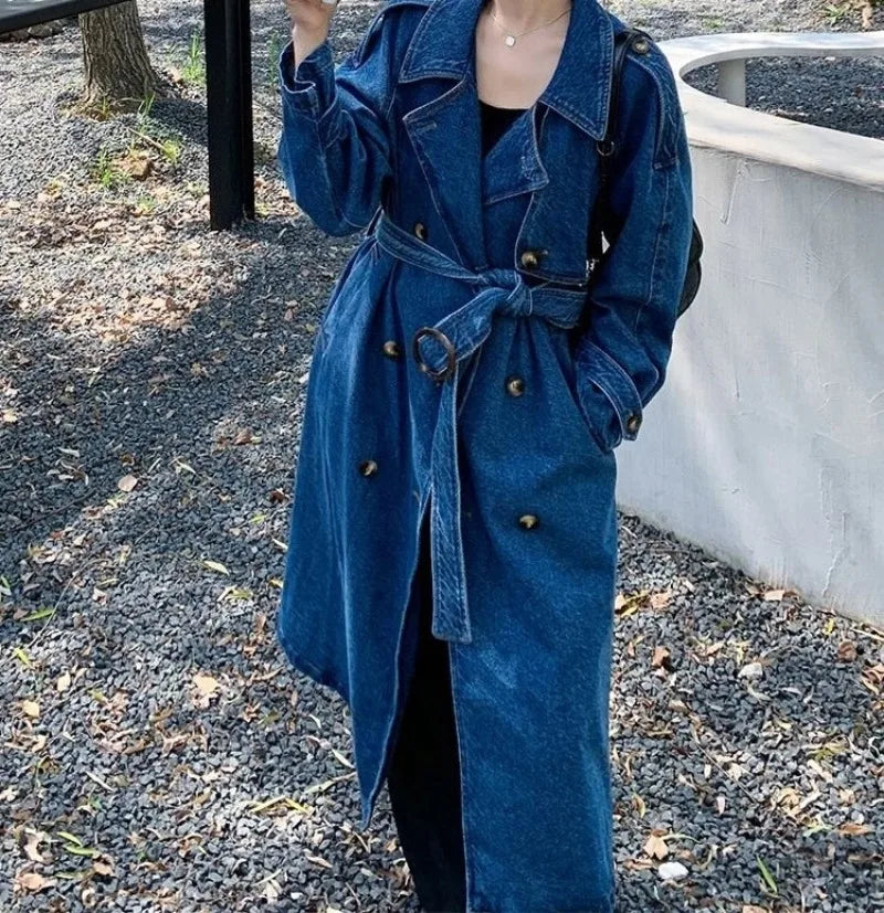 Minimally Casual Blue Denim Trench Coat for Women  2025 Autumn Mid Length Denim Jacket
