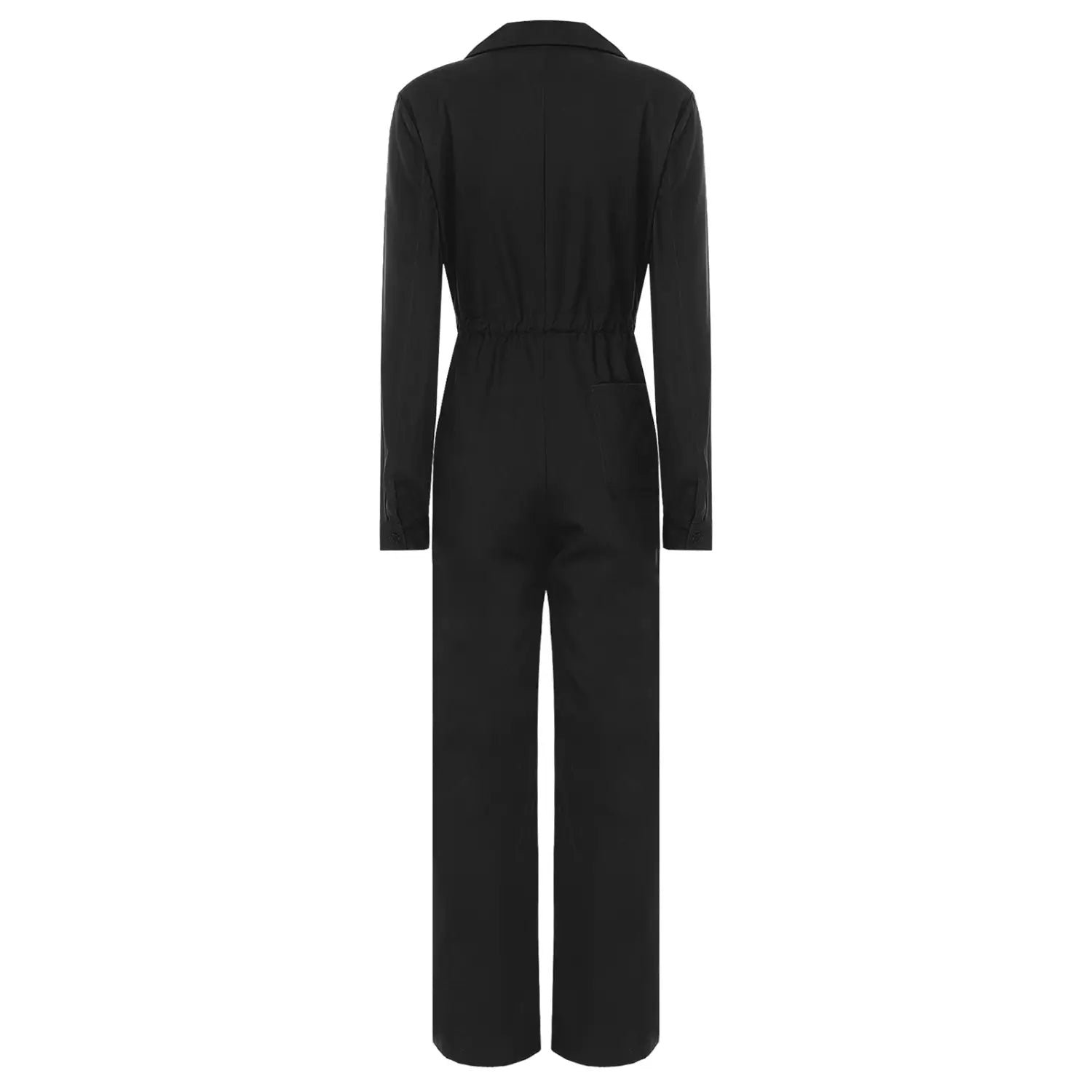 Black long-sleeved jumpsuit with a collar and belted waist styled for casual wear.