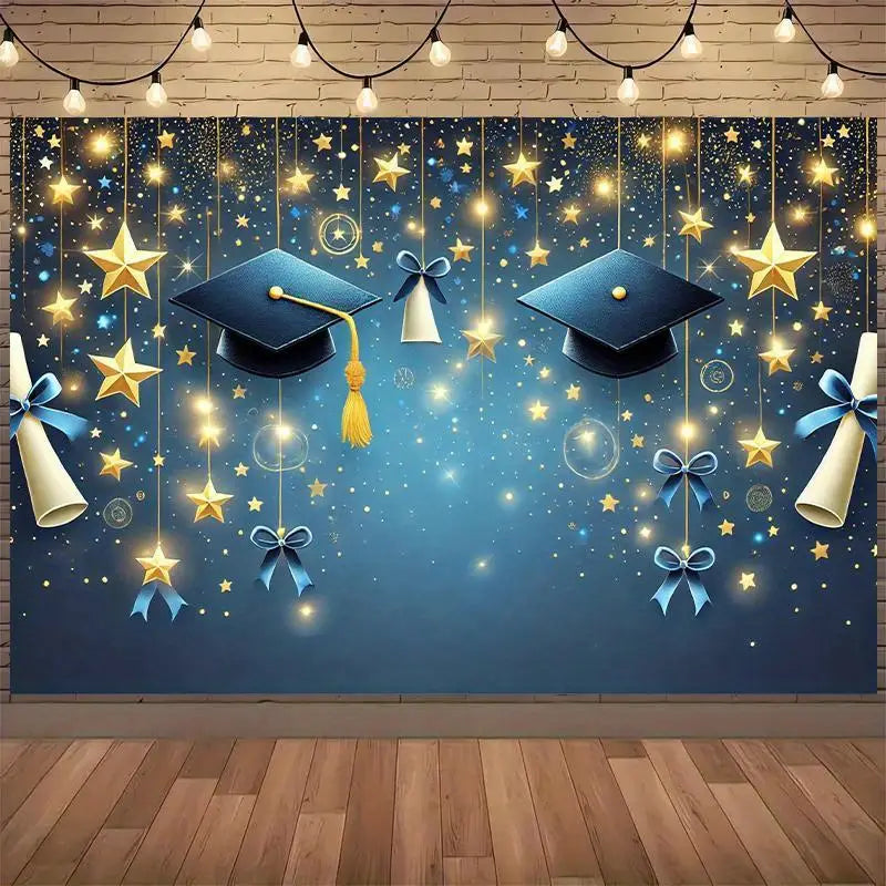 blue graduation party backdrop featuring gold and silver stars, hanging diplomas tied with blue ribbons, and sparkling glitter effects for celebratory events