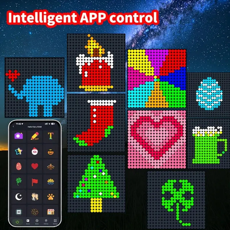 Bunte Pixelkunst-Designs, erstellt mit einem smarten App-gesteuerten Perlenraster-System; dargestellt in einem smarten LED-Vorhanglicht RGB, per App gesteuert, für DIY-Weihnachtsdekoration; mit ROHS- und CE-Zertifizierung.
