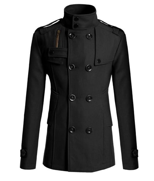 Black double breasted warm woolen coat for men with high collar, buttoned front, and epaulets suitable as a woolen jacket.