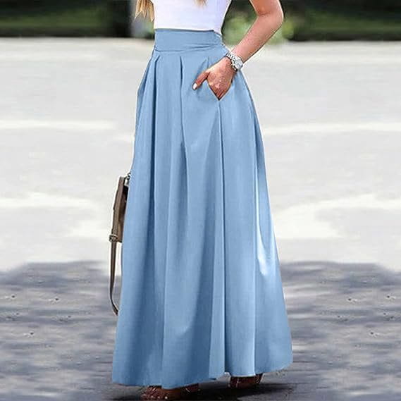 A light blue pleated high waist maxi skirt made of flowing fabric with side pockets.