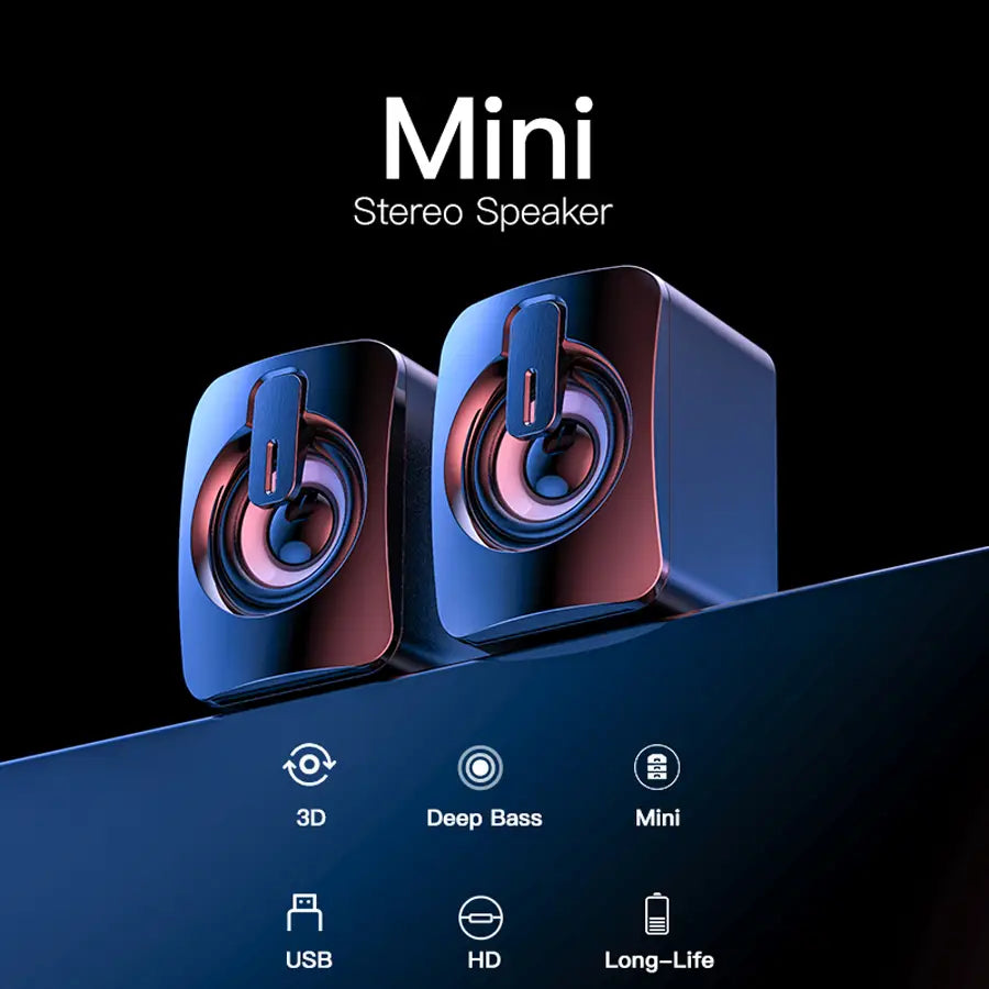 Pair of sleek glossy black usb computer mini stereo speakers with metallic accents and circular drivers for desktop sound system use.