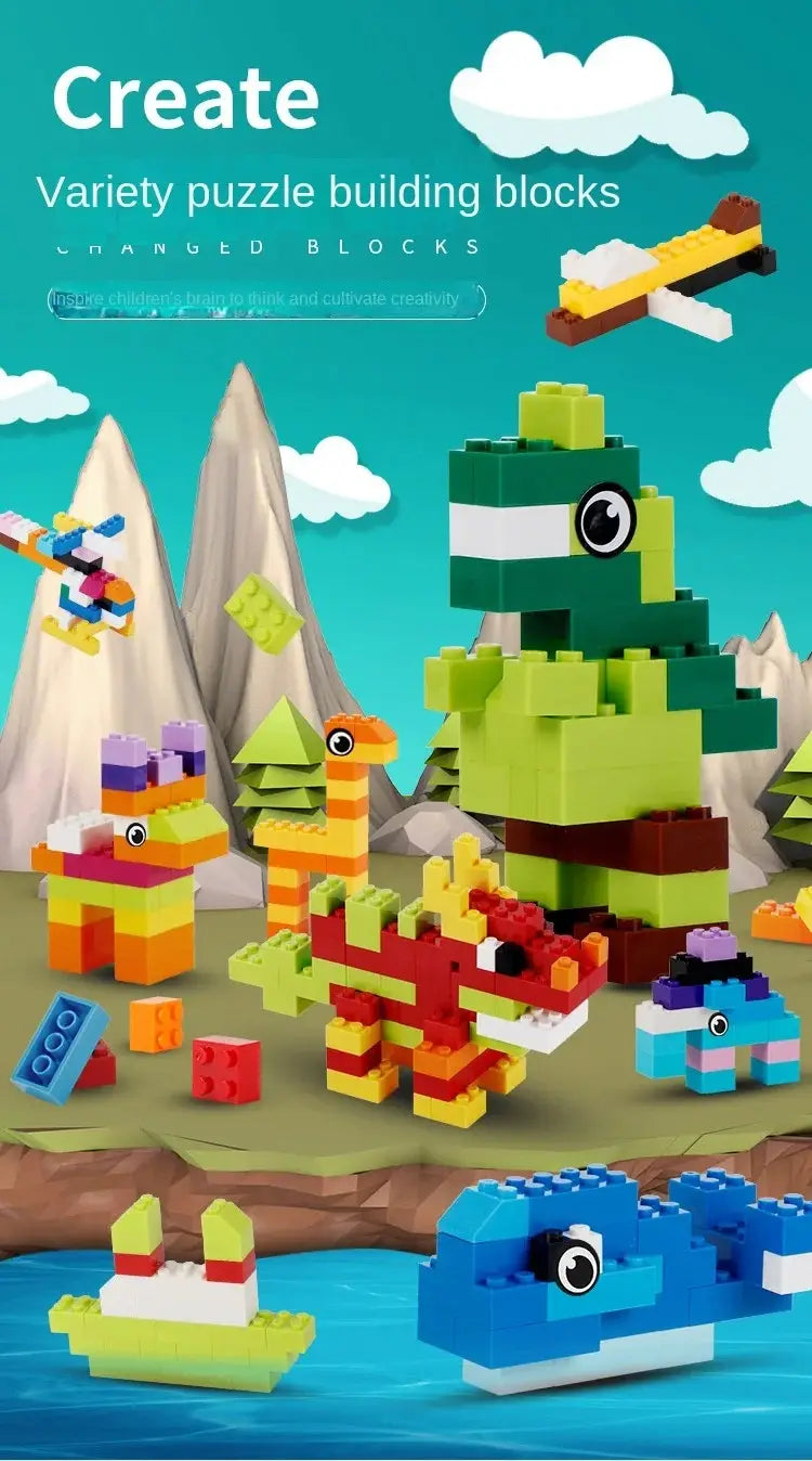 Creative building blocks bulk set for kids featuring colorful plastic diy creative building puzzle pieces in assorted shapes and sizes including a green dinosaur red dragon blue whale and orange llama.