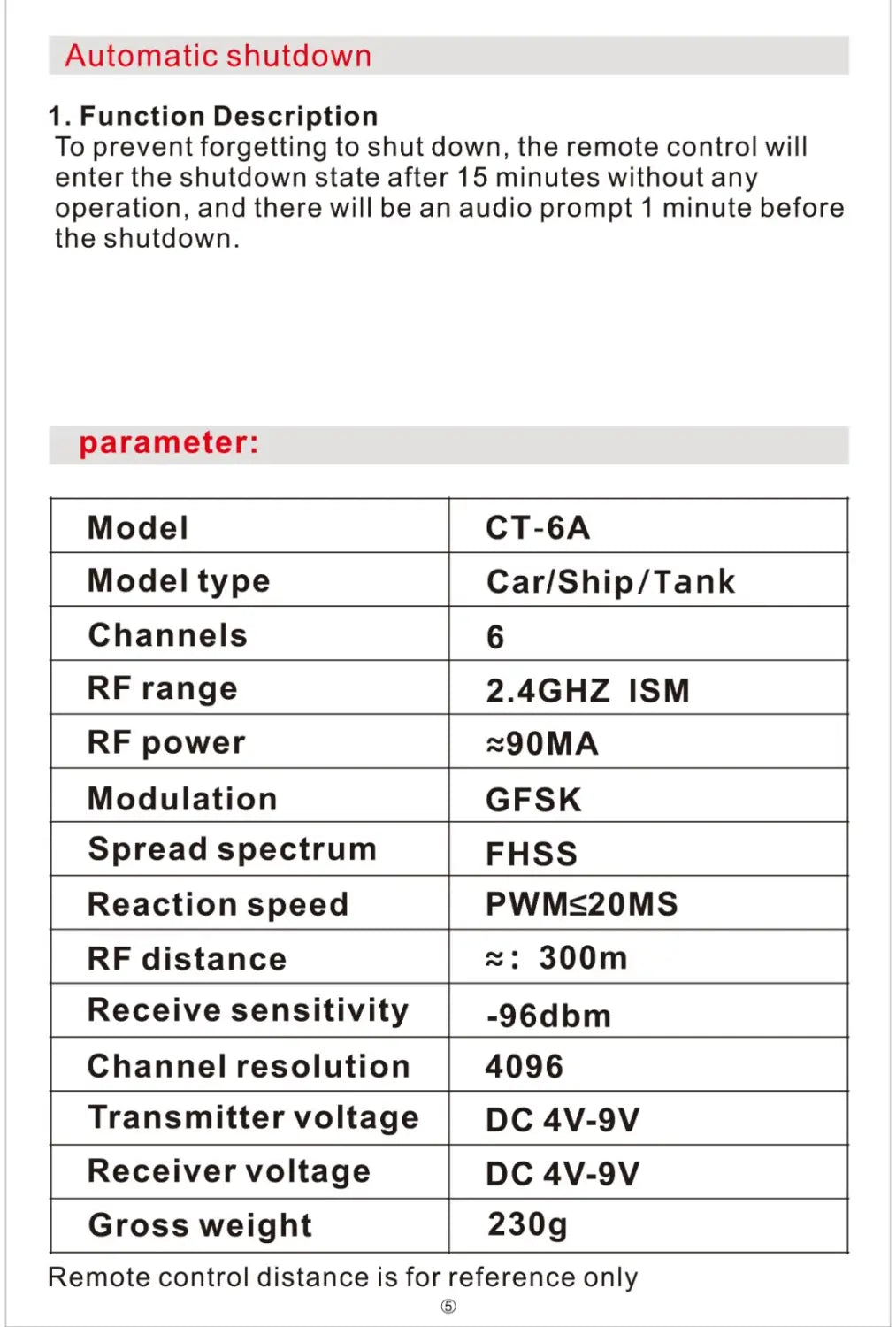 Control remoto ct-6a para coche y barco RC en negro, con frecuencia ISM de 2,4 GHz, modulación gfsk y un alcance aproximado de 300 metros.