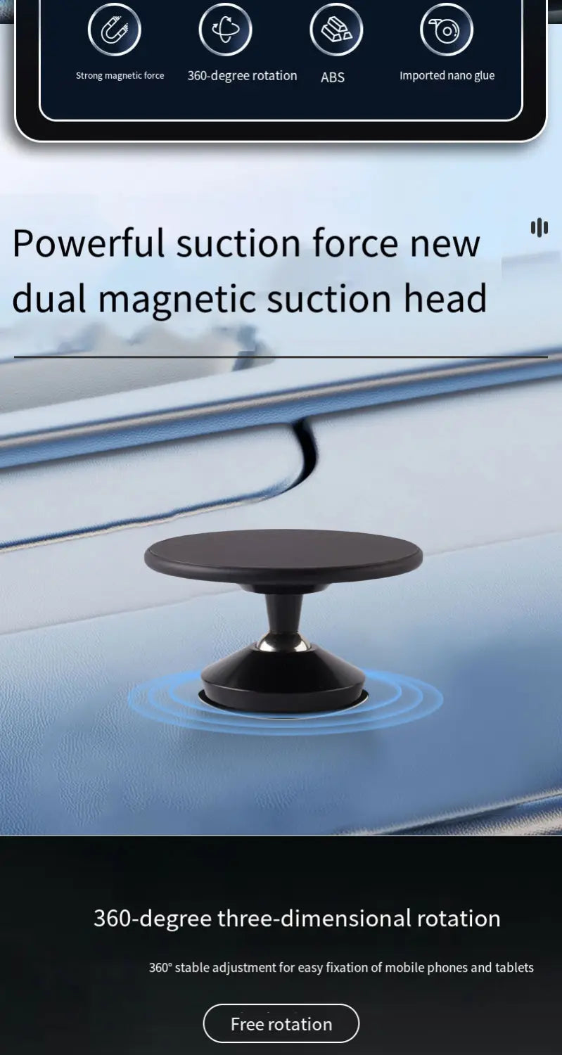 Soporte magnético negro de doble cara para teléfono con material ABS y pegamento nano importado, con dos cabezales magnéticos de succión para una rotación estable de 360 grados.