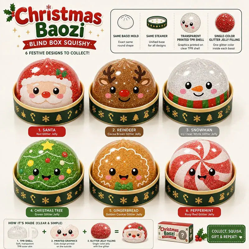 Christmas squeeze toy stress relief dumpling featuring festive characters santa, reindeer, and snowman in glitter-filled transparent TPR shells with cute printed faces for christmas party use.