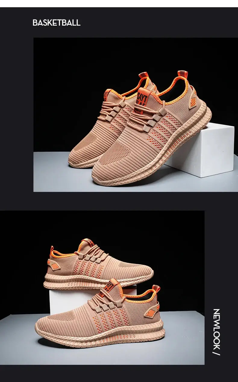 Herren-Atmungsaktive legere Strick-Sneaker in Tan mit orangefarbenen Akzenten und einem strukturierten Mesh-Obermaterial für verbesserte Belüftung.