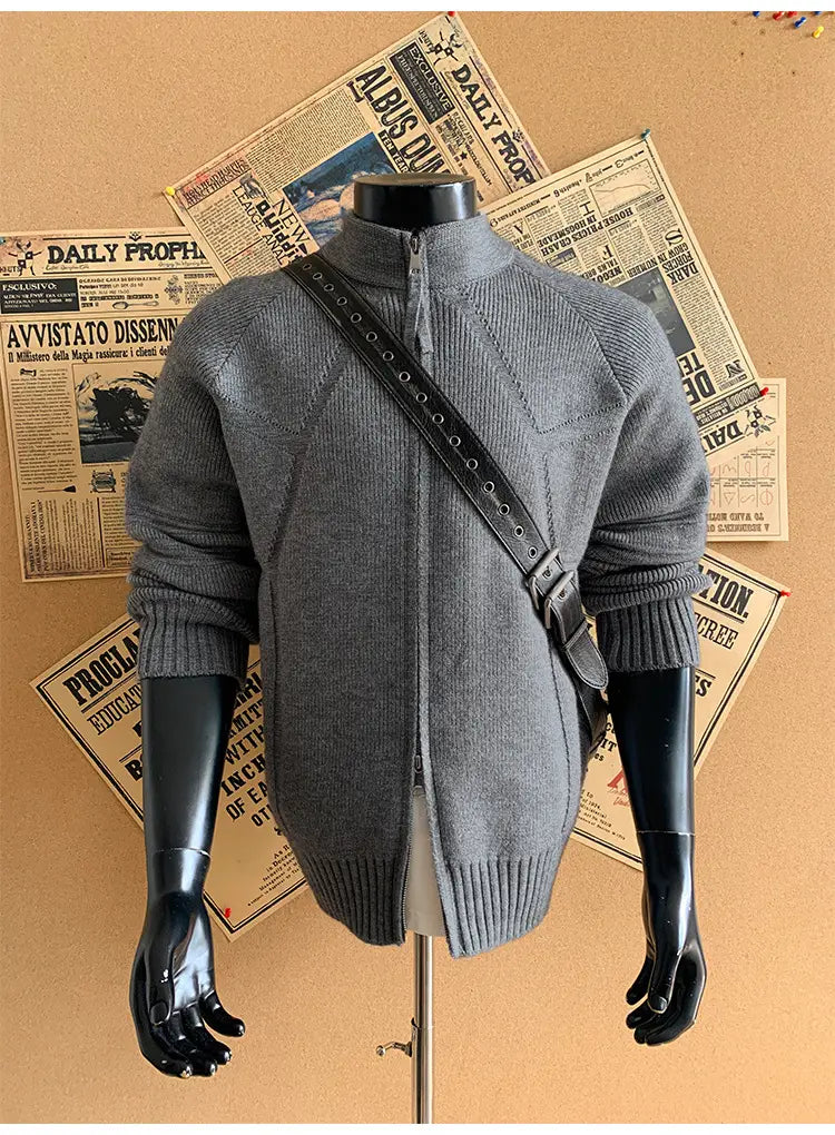 gray knit full zip mens cardigan sweater with ribbed cuffs and hem displayed on a mannequin featuring shoulder chest length size details