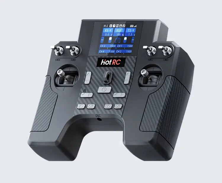 Black Hotrc HT-8A 8ch remote control transmitter kit featuring carbon fiber texture and digital display for power supply management.