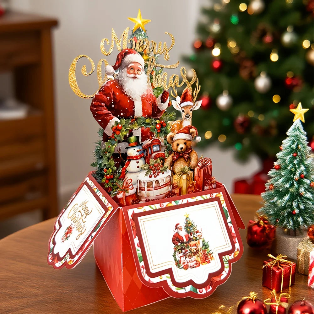 Christmas Tree Greeting Cards Santa Claus Reindeer Xmas Party Pop Up Card 3D Postcard with Envelope Holiday Decor Supplies 1pcs