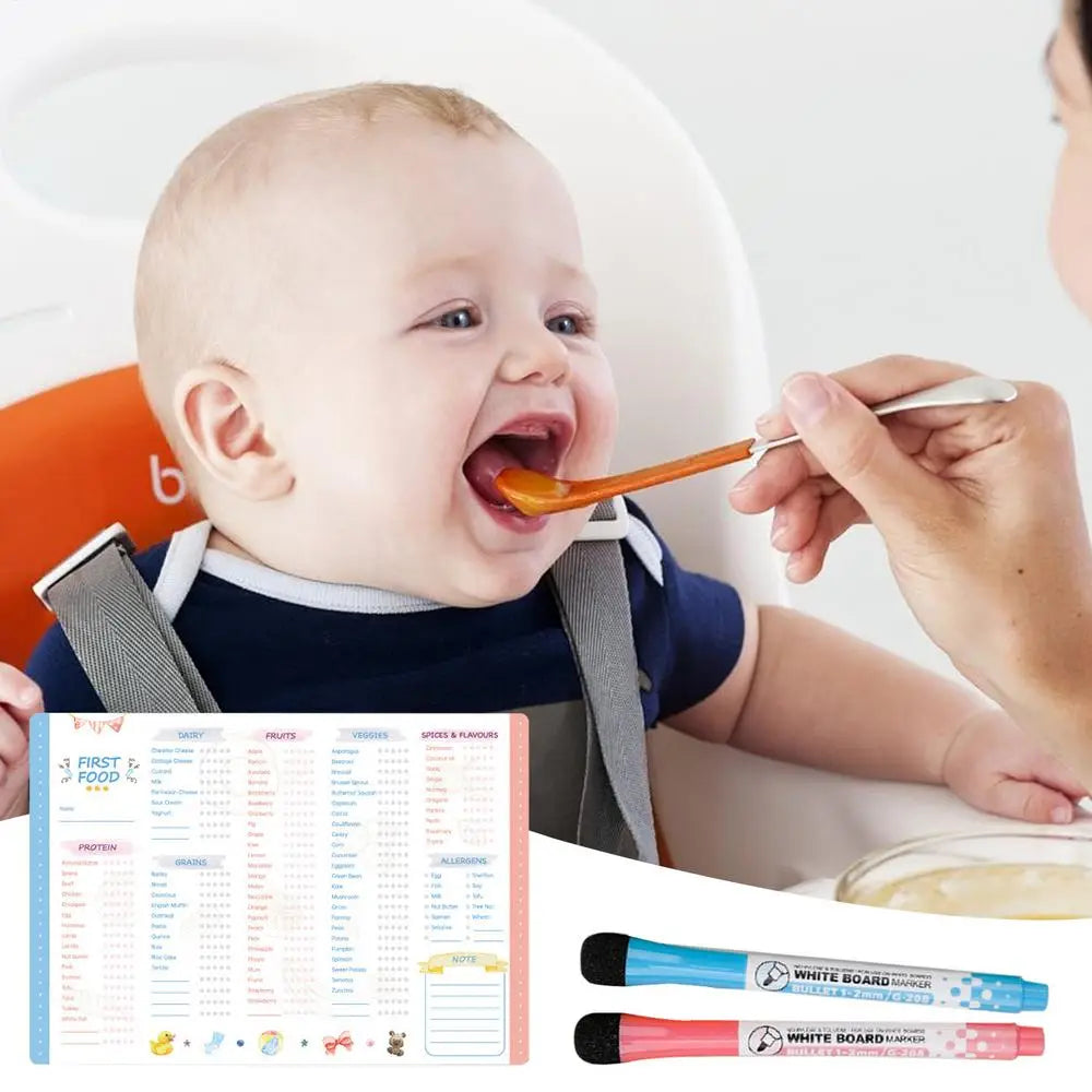 磁石式ベビー離乳食ファーストフード表と授乳トラッカーとともに描かれた、金属製の柄が付いたオレンジ色のシリコンスプーンを赤ちゃんに与えている様子。