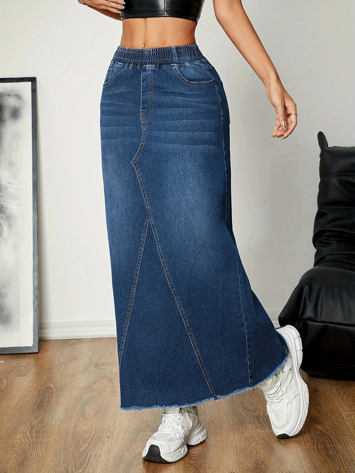 Women's Versatile Straight Leg Denim Skirt Casual Elastic Waistband Frayed Hem Stretchy Jeans Long Skirt