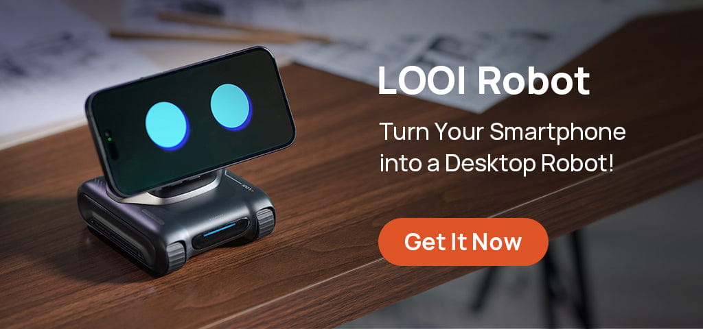 Robot intelligent noir Looi AI avec télécommande et batterie au lithium, un smartphone monté sur le dessus affichant deux lumières circulaires bleues lumineuses.