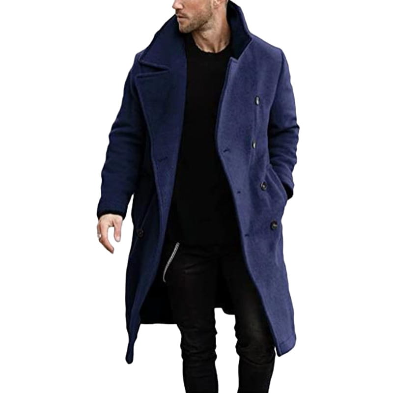 abrigo de invierno de doble botonadura para hombre en color azul marino, con forro acolchado de tipo vellón y botones negros.
