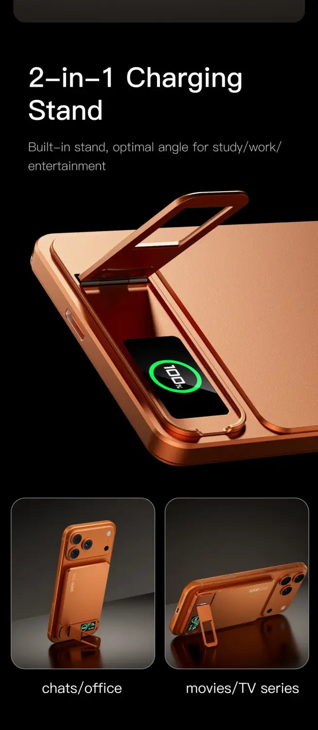 Rose gold metallic 2-in-1 charging stand phone case with built-in magnetic flap that doubles as a stand for optimal viewing angles compatible with magnetic power bank 10000mah quick charge wireless charger.