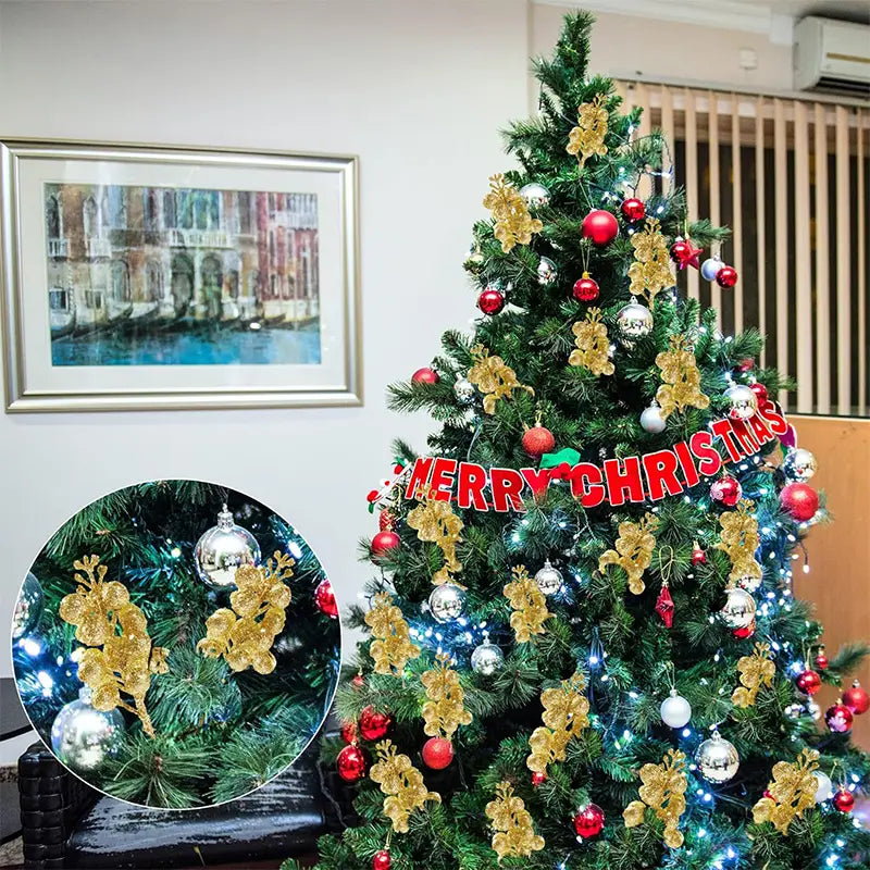 A festive christmas tree decorated with a 20pcs christmas decoration flower bouquet featuring red and silver ornaments, gold glittery floral decorations, and a merry christmas banner showcasing christmas decoration glitter.