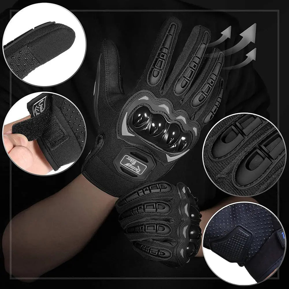 Black tactical motorcycle racing gloves breathable protective gear shown from the back with reinforced knuckle protection and textured grip panels for enhanced safety and comfort.