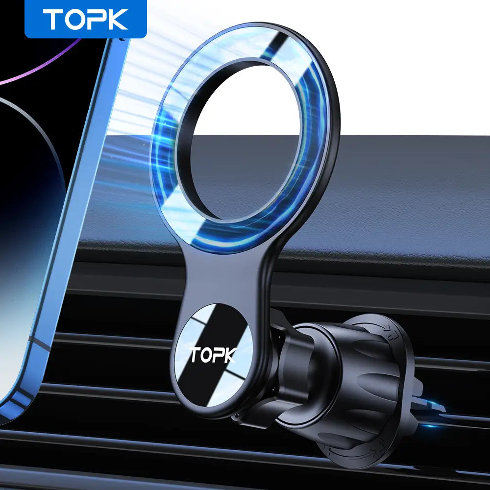 Black magnetic magsafe car phone holder with a glowing blue ring and topk branding designed for air vent mounting.