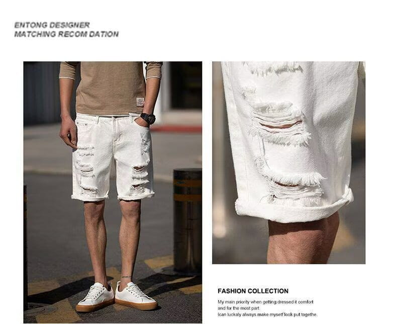 Les shorts en jean blanc déchiré en denim blanc vieilli, avec des bords effilochés et des revers roulés, pour le streetwear.