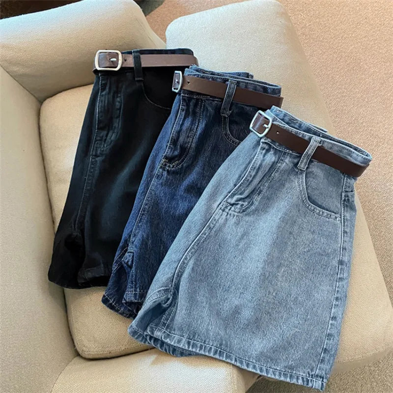 Women High Waist Denim Shorts Summer Chic Streetwear Female Casual Wide Leg Short Pants Solid Color Lady Loose Straight Shorts