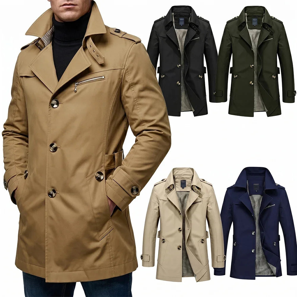 Men's Trench Coat Business Casual Lapel Windbreaker Mid Length Slim Fit Jacket Metal Button Overcoat Outdoor Commuter Outerwear