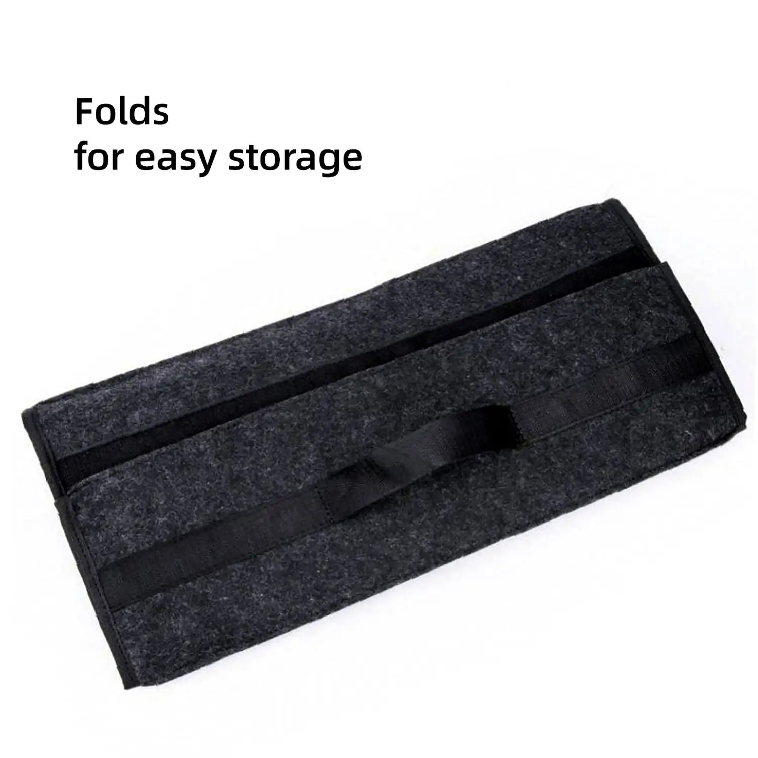 Black felt car seat cover with black elastic straps for easy storage in a felt car trunk organizer storage bag.
