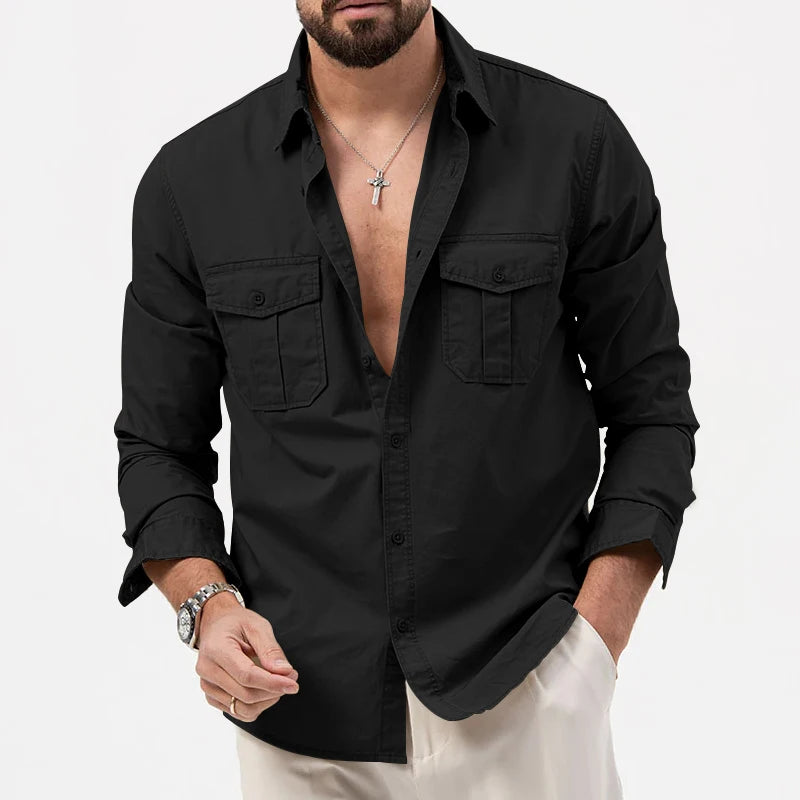 Men retro long sleeve casual shirt in black featuring two chest pockets and rolled cuffs.