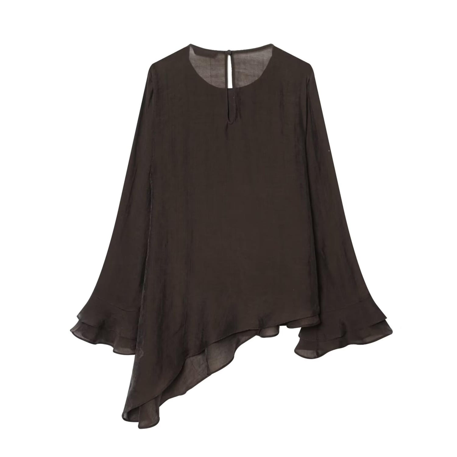a flowing dark brown chiffon flare sleeve blouse featuring a round neckline and ruffled sleeve style for an elegant look