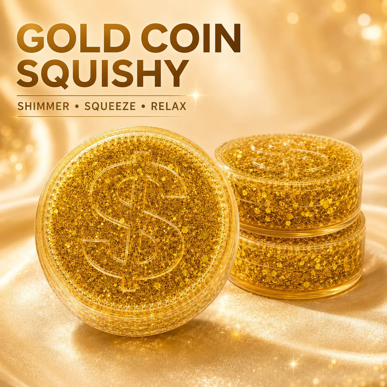 Geldmünzen-Quetschspielzeug in glitzerndem Gold mit Dollarzeichen-Design zur Stressreduktion und zum Kneten.
