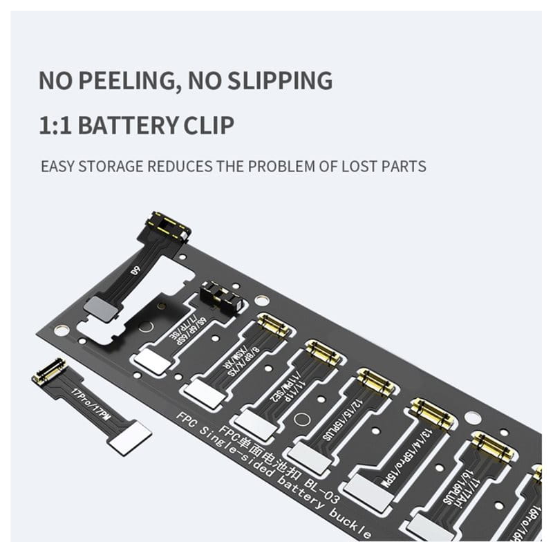 black 1:1 battery connector clip with gold-colored connectors and white plastic components designed for secure attachment in battery connector fpc tool kit for iphone 6 to 17 pro max with tracking number for local post office delivery.