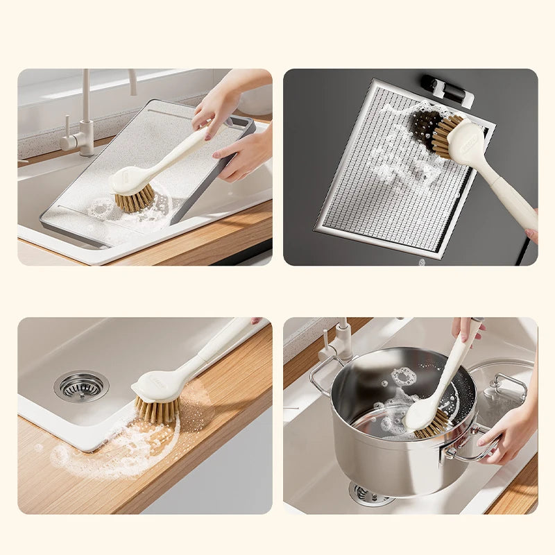 Kitchen Cleaning Brush Long Handle Dish Brush Stove Grease Scrubber 2in1 Cleaning Tools with Suction Bottom for Sink Pots Pans