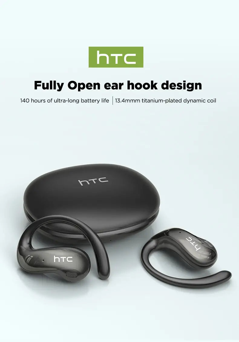 チタンめっきのダイナミックコイルを搭載し、完全オープンのイヤーフック設計を採用したブラックのHTC NE19イヤーフック型ワイヤレスイヤホンが、対応するブラックの充電ケースの横に展示されています。