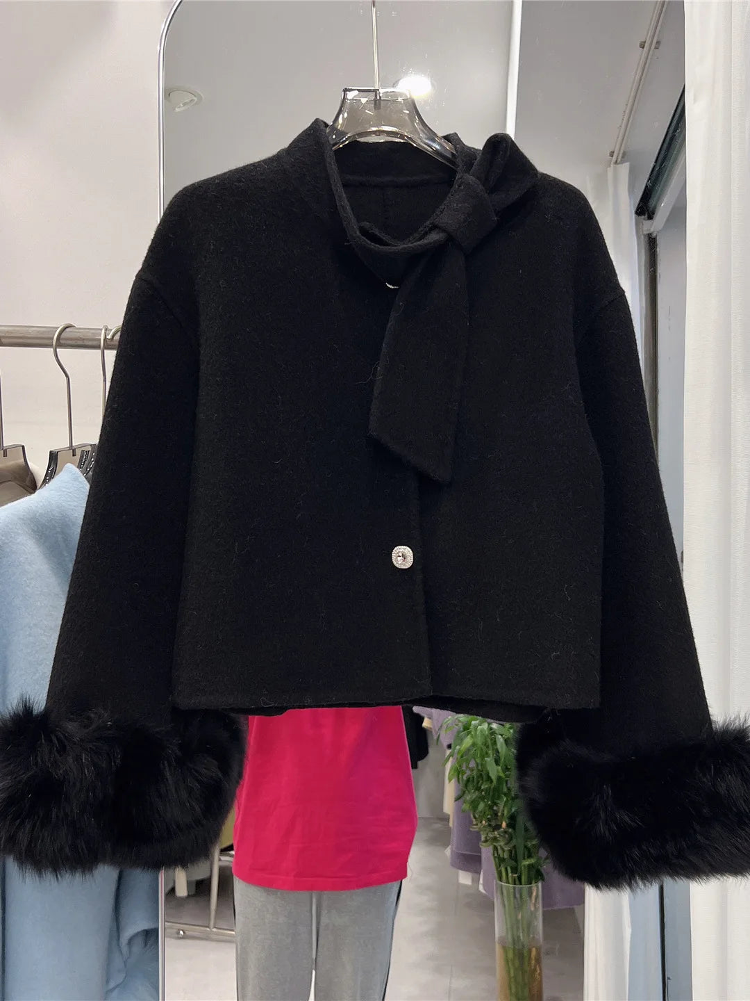 Women's Autumn Winter Elegant Bow Collar Long Sleeve Wool Short Jacket Lady Solid Color Fox Fur Cuffs Loose Wool Outwear Top