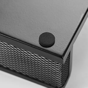 black mesh desk organizer and pencil caddy featuring a matte black circular button on its top edge for enhanced functionality