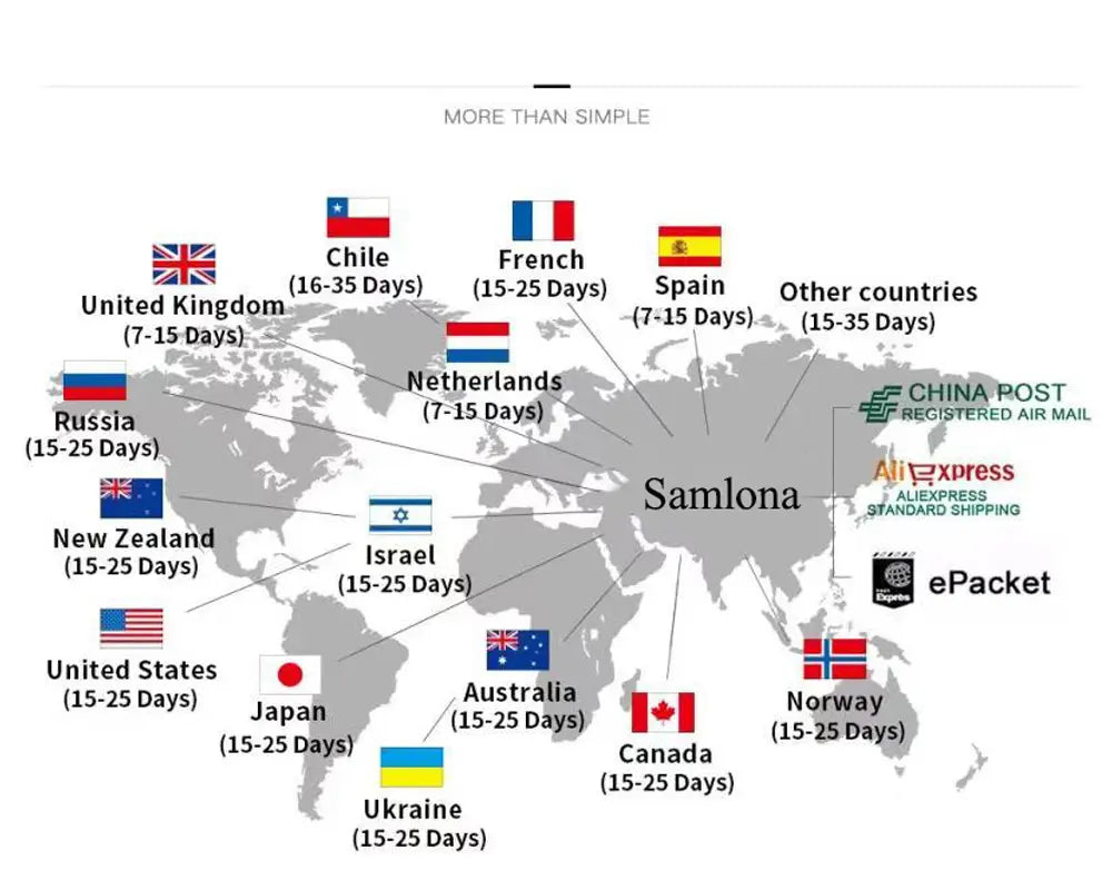 Graue Weltkarten-Grafik, die internationale Lieferzeiten anzeigt, mit Flaggen und geschätzten Tagen für verschiedene Länder auf einer Produktseite für ein Herren-Satinhemd mit Schalkragen und langen Ärmeln.