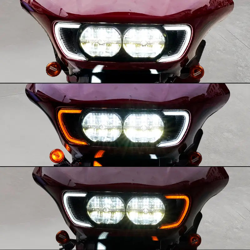 Burgunderrote Road-Glide-LED-Scheinwerferlüftungs-Akzentleisten für 2015–2024-Modelle mit doppelten kreisförmigen LED-Leuchten und weißer sowie orangefarbener Akzentbeleuchtung.