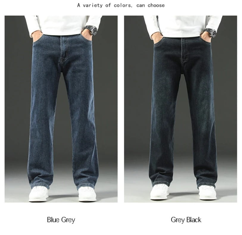 Men’s loose straight business casual jeans in blue grey and grey black denim with a straight-leg cut.