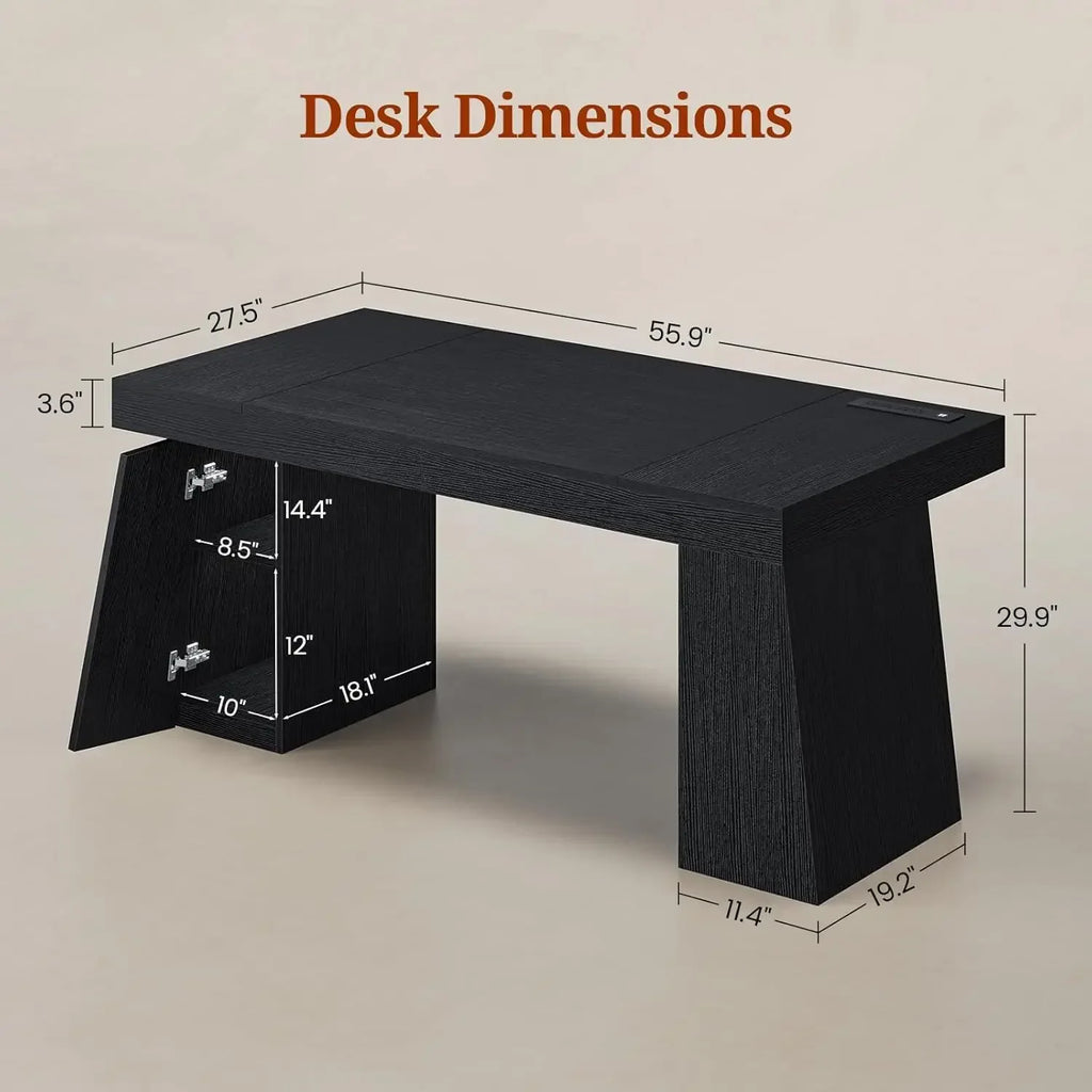 Eco-friendly 55.9 In Executive Desk With Power Outlets, Modern Home Office Desk With Storage Cabinet, Wood Computer Desk Busines