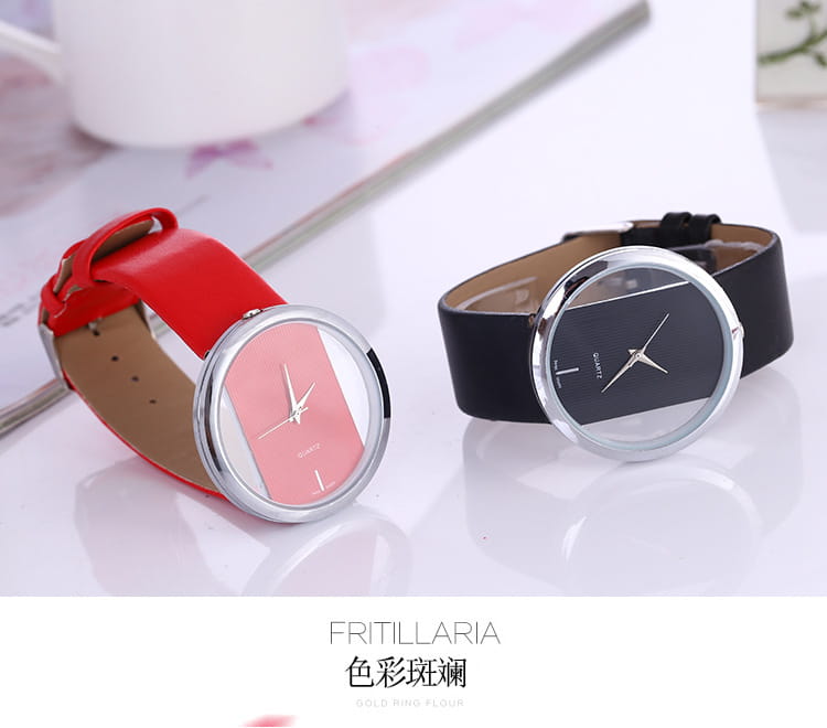 Women luxury leather quartz watches with transparent dials featuring minimalist round faces and a split design in red and black leather straps with pink silver and black chrome tones.