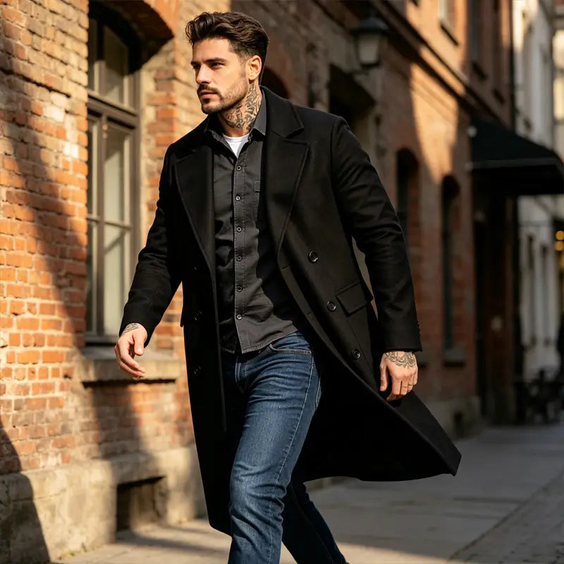 Manteau long noir à double boutonnage, coupe ajustée slim, en laine mélangée, avec une coupe tailleur classique, conçu pour une tenue de vêtement d’extérieur formelle.