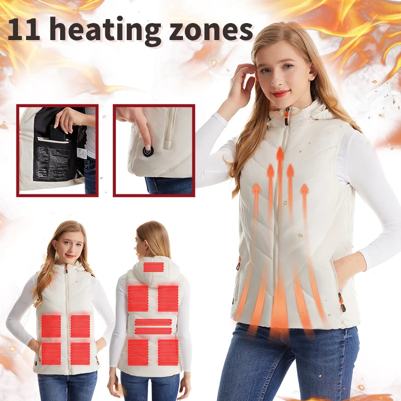Women's Winter Smart Heated Vest, 11-Zone Heated Vest, USB-Powered Solid-Color Hooded Jacket, Casual, Sports, and Outdoor Warmth