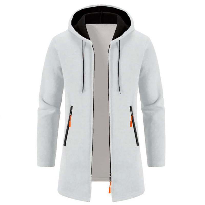 Sudadera con cremallera extragrande para hombre en blanco con forro interior negro y tiradores de cremallera color naranja.
