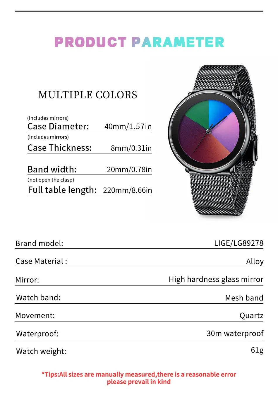 A lige women rainbow dial quartz watch with a sleek black mesh band, colorful segmented dial, and alloy case.