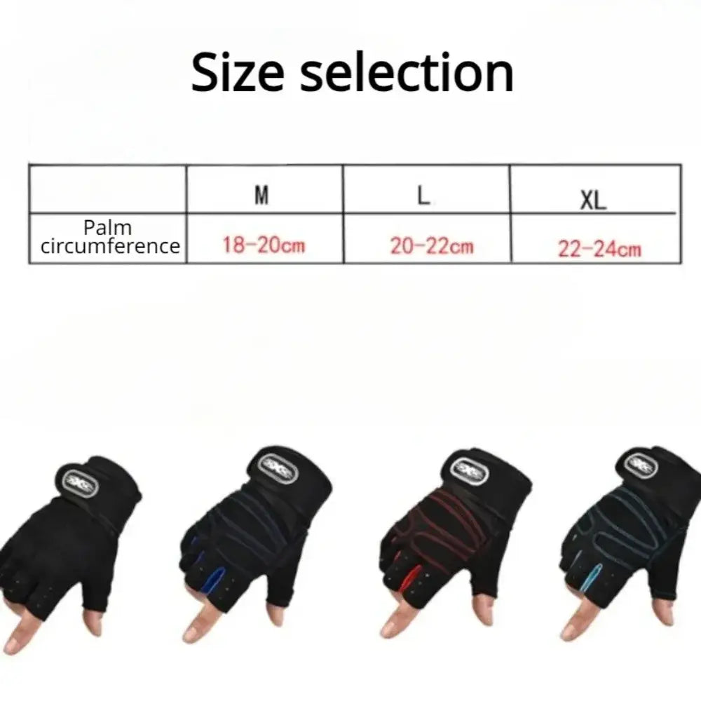 Fitness-Workout-Handschuhe mit Handgelenkstütze, die die Rückseite schwarzer fingerloser Handschuhe zeigen, mit verstärkten Handflächen- und Handgelenkbändern sowie dezenten Farbakzenten in Blau und Rot.
