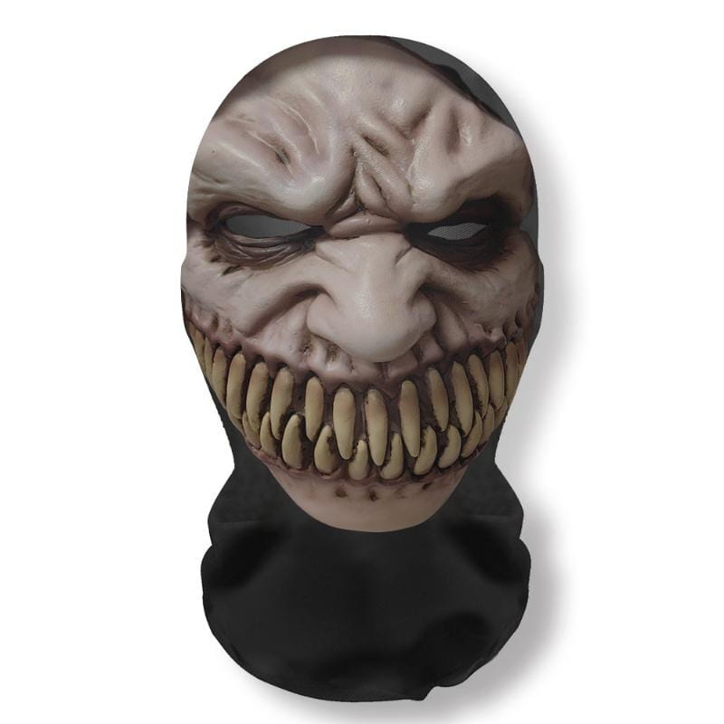 A menacing ghost face halloween mask featuring a textured latex material with a grotesque face, deep wrinkles, dark hollow eyes, and an exaggerated grin with yellowish teeth for mesh skull cosplay headdress use.